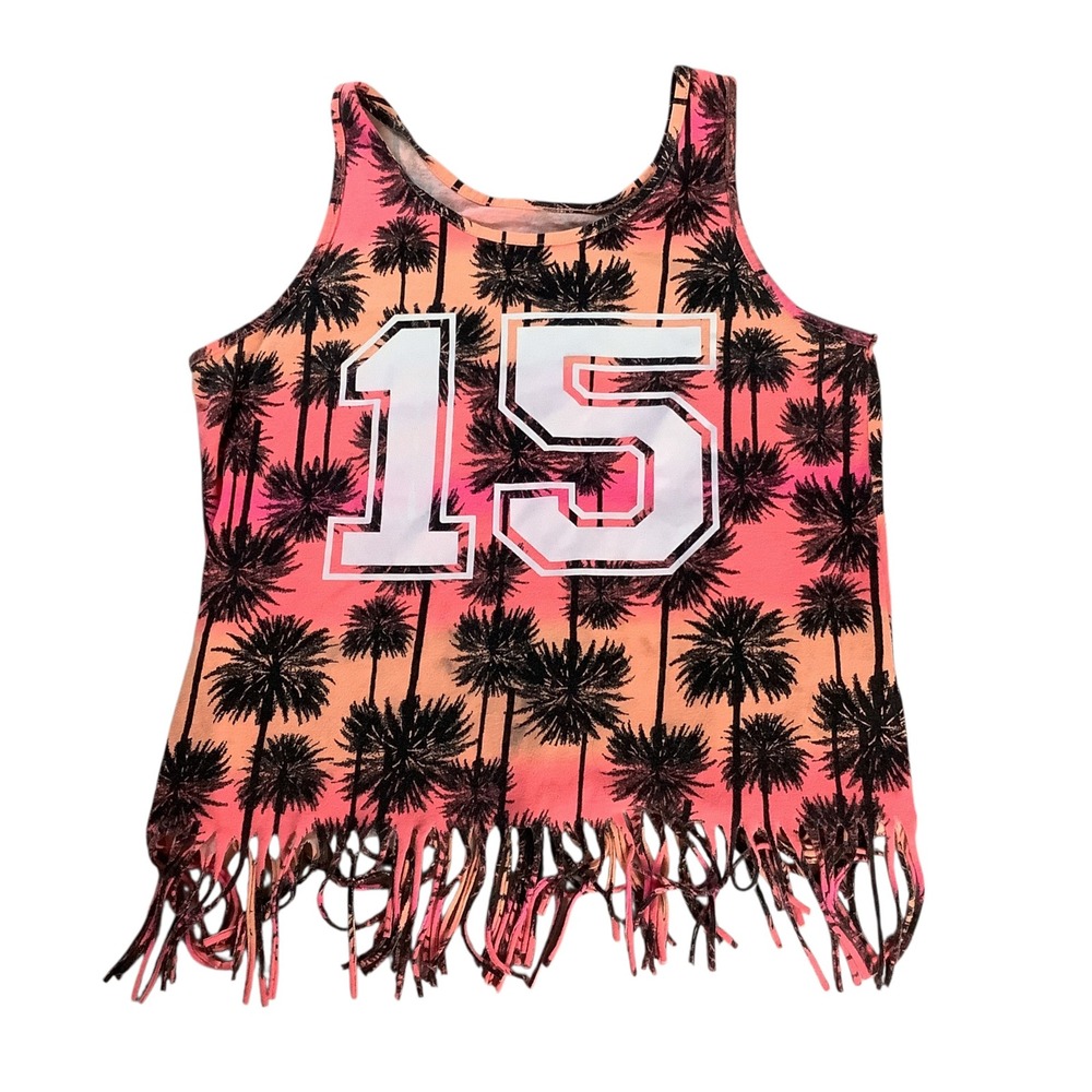 Total Girl Tank Top Girls L 14 Pink Palm Tree Fringe Graphic 15